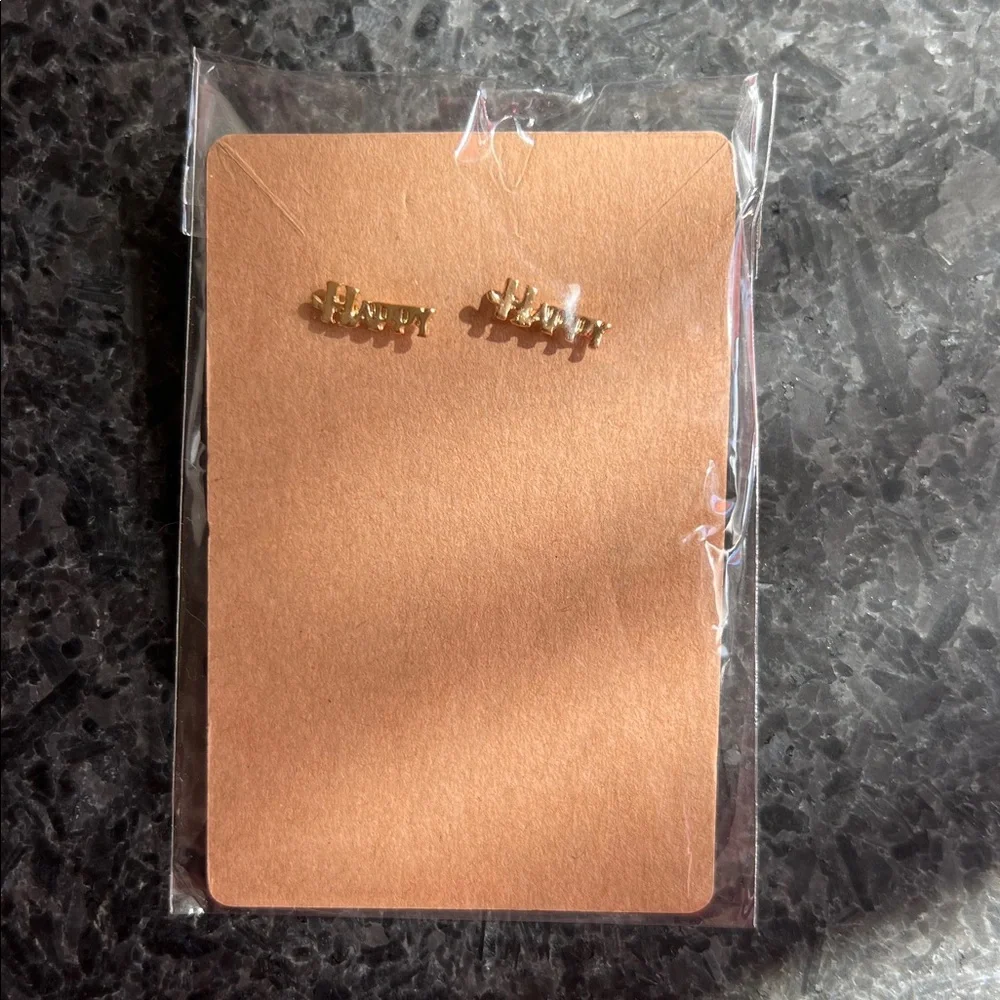 Girl’s gold stud “Happy” earrings
